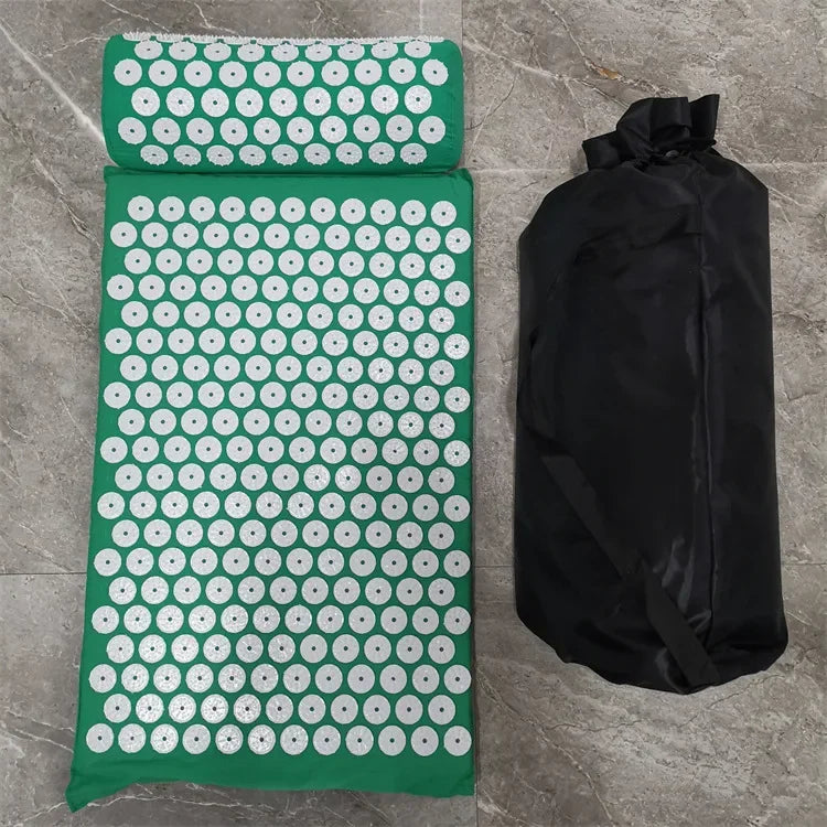 Tapis acupression shiatsu vert avec oreiller cervical et sac de transport - variante couleur verte soulagement douleurs corporelles