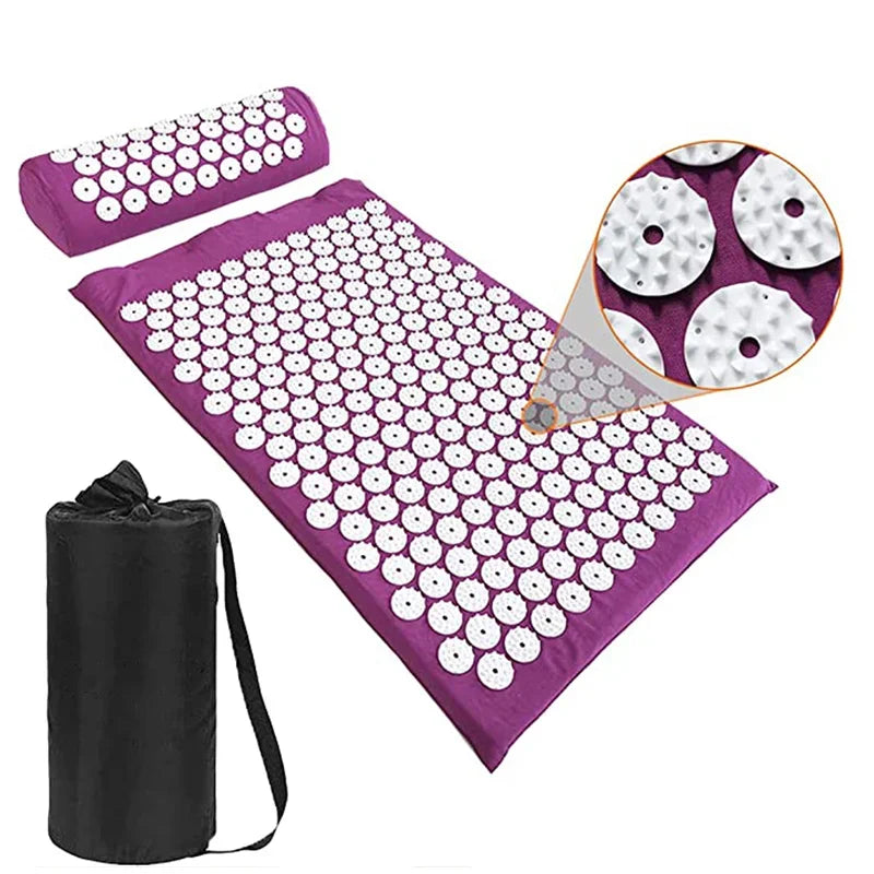 Tapis d'acupression shiatsu violet avec oreiller et sac de transport - ensemble complet pour soulagement dos cou et pieds