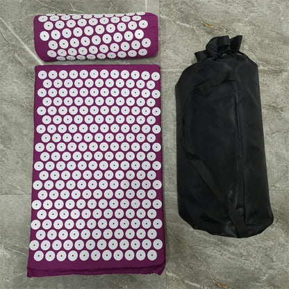 Vue d'ensemble tapis acupression shiatsu violet avec oreiller et sac - kit complet pour thérapie dos nuque et pieds