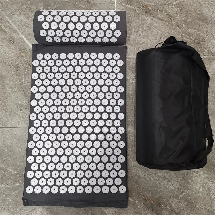 Tapis acupression shiatsu noir avec oreiller cervical et sac de transport - variante couleur noire soulagement dos et nuque